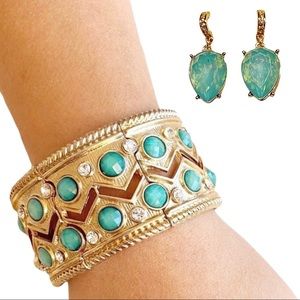 Bracelet & Earrings Gold Green rhinestone Fancy